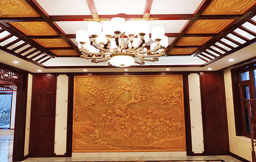 毛道乡中式别墅客厅中式木作横梁吊顶装饰展示